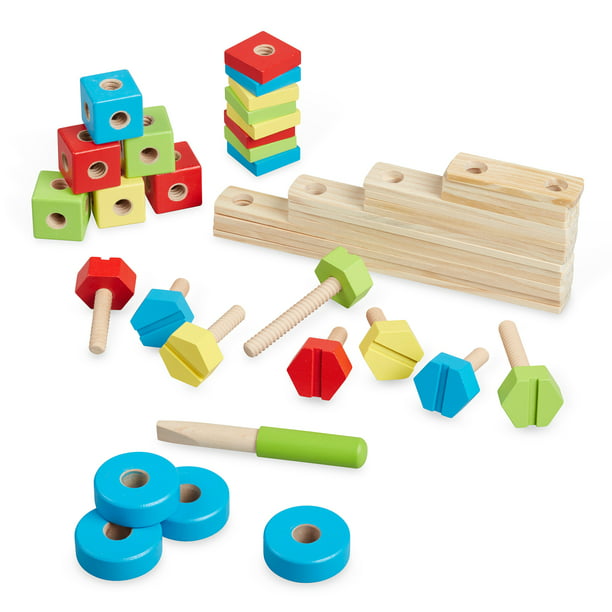 LEO & FRIENDS 120 Pieces Wooden Blocks Construction Building Sets for Kids Building Planks Set for Boys and Girls 